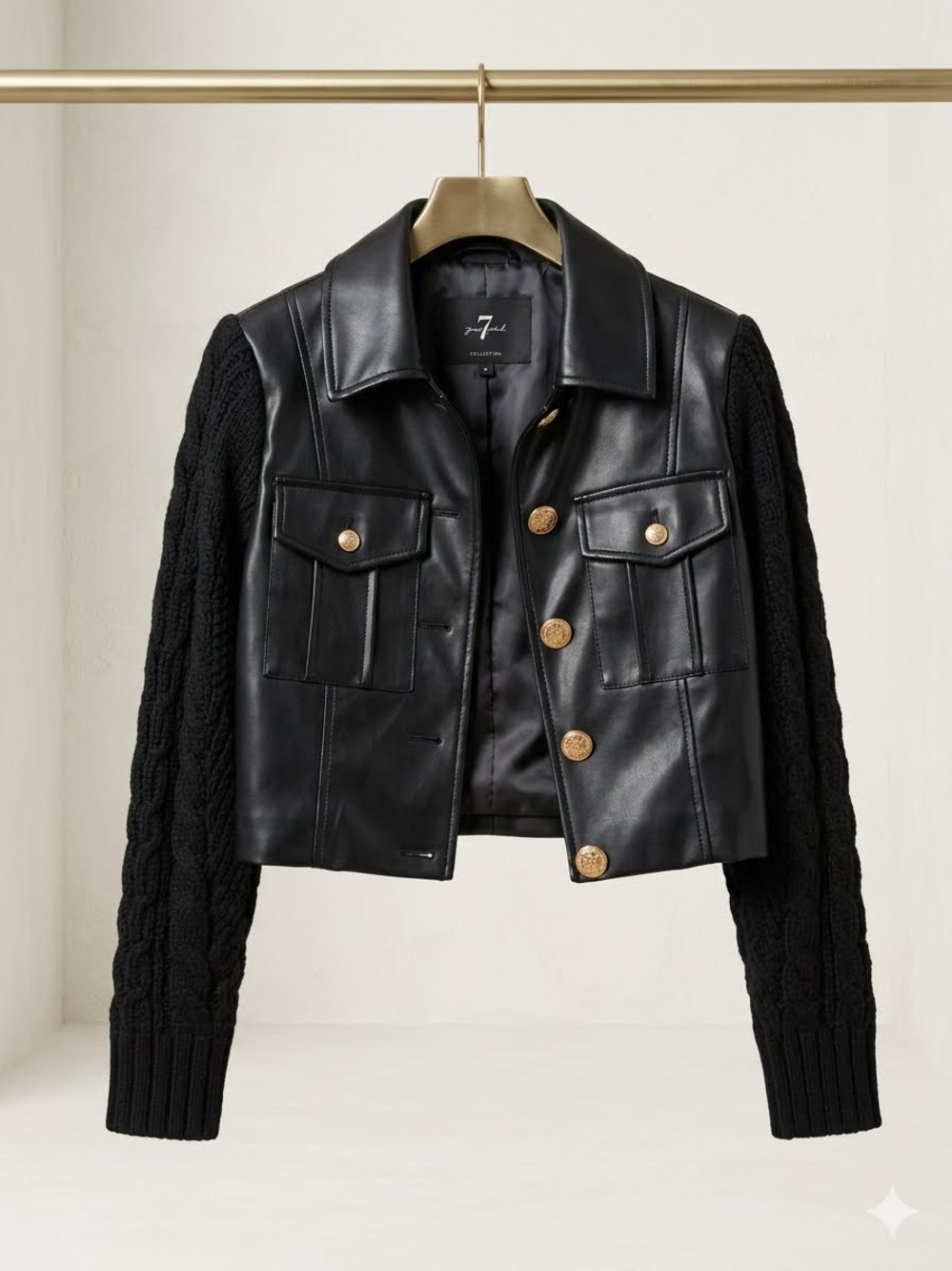 7 For All Mankind $398 Mixed Media Faux Leather Cable Knit Cropped Jacket. XS